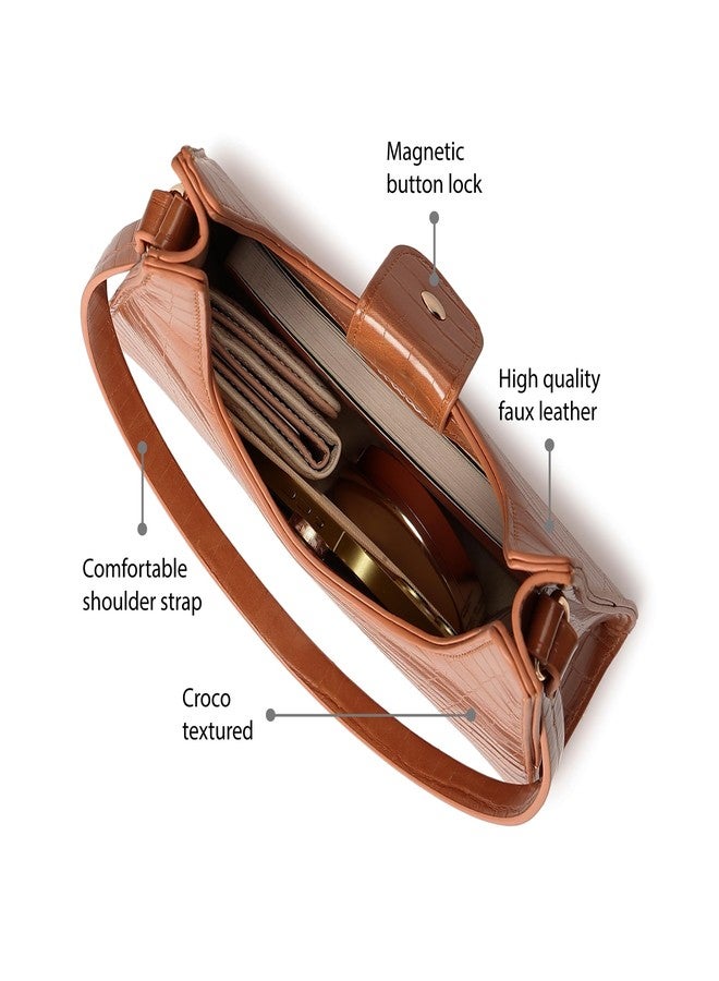 Fastrack Croco Pattern Shoulder Bag For Women | Faux Leather Shoulder Bag With Magnetic Button Closure | Trendy Handbags For Girls | Trendy Handbags, Tan - Image 3